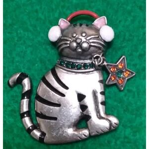 K C Brooch Christmas Striped Cat Ear Muffs Rhinestone Star Dangle Silvertone